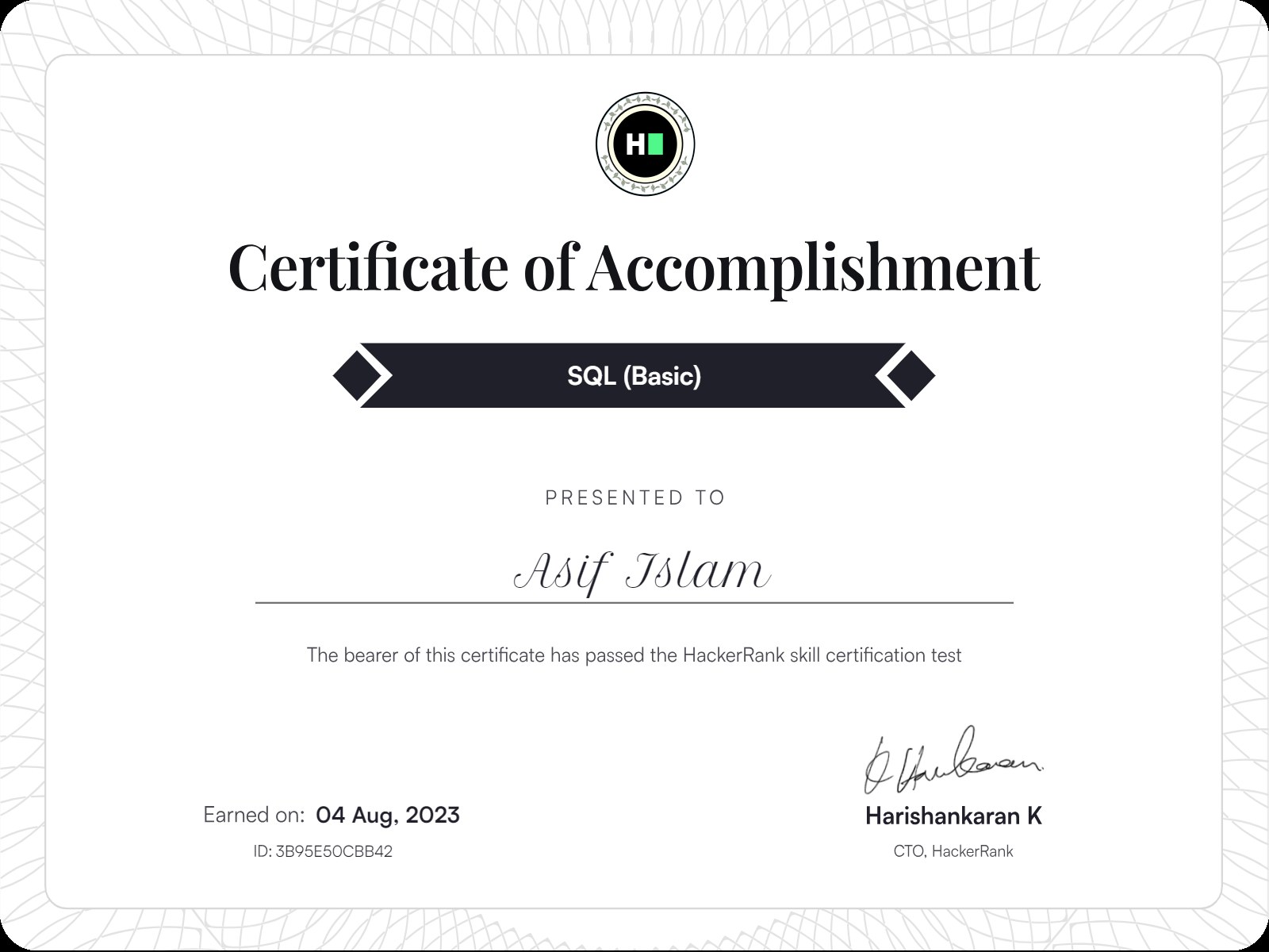 SQL (Basic) — Certificate of Accomplishment
