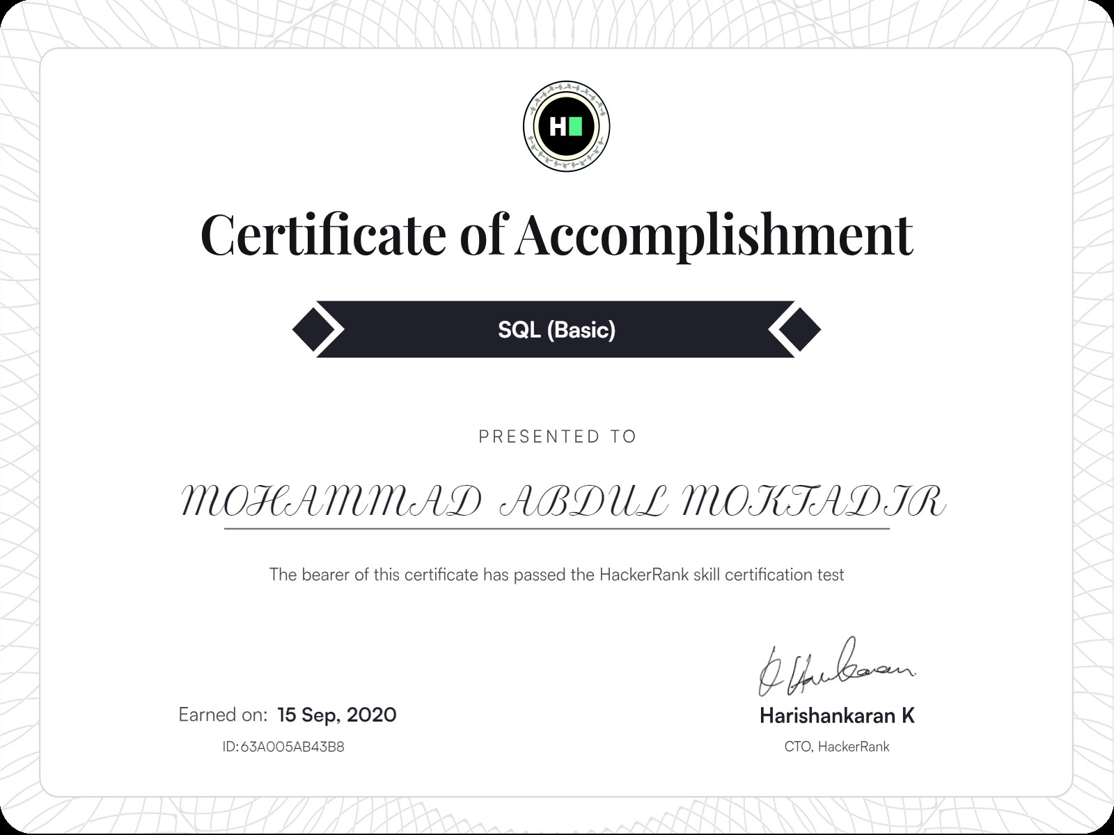 SQL (Basic) — Certificate of Accomplishment