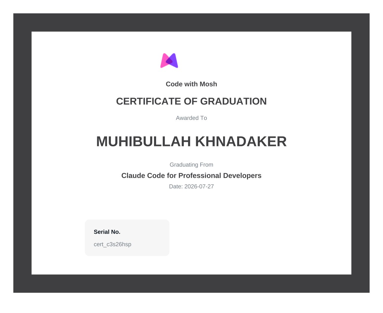 Certificate of Graduation — Claude Code for Professional Developers